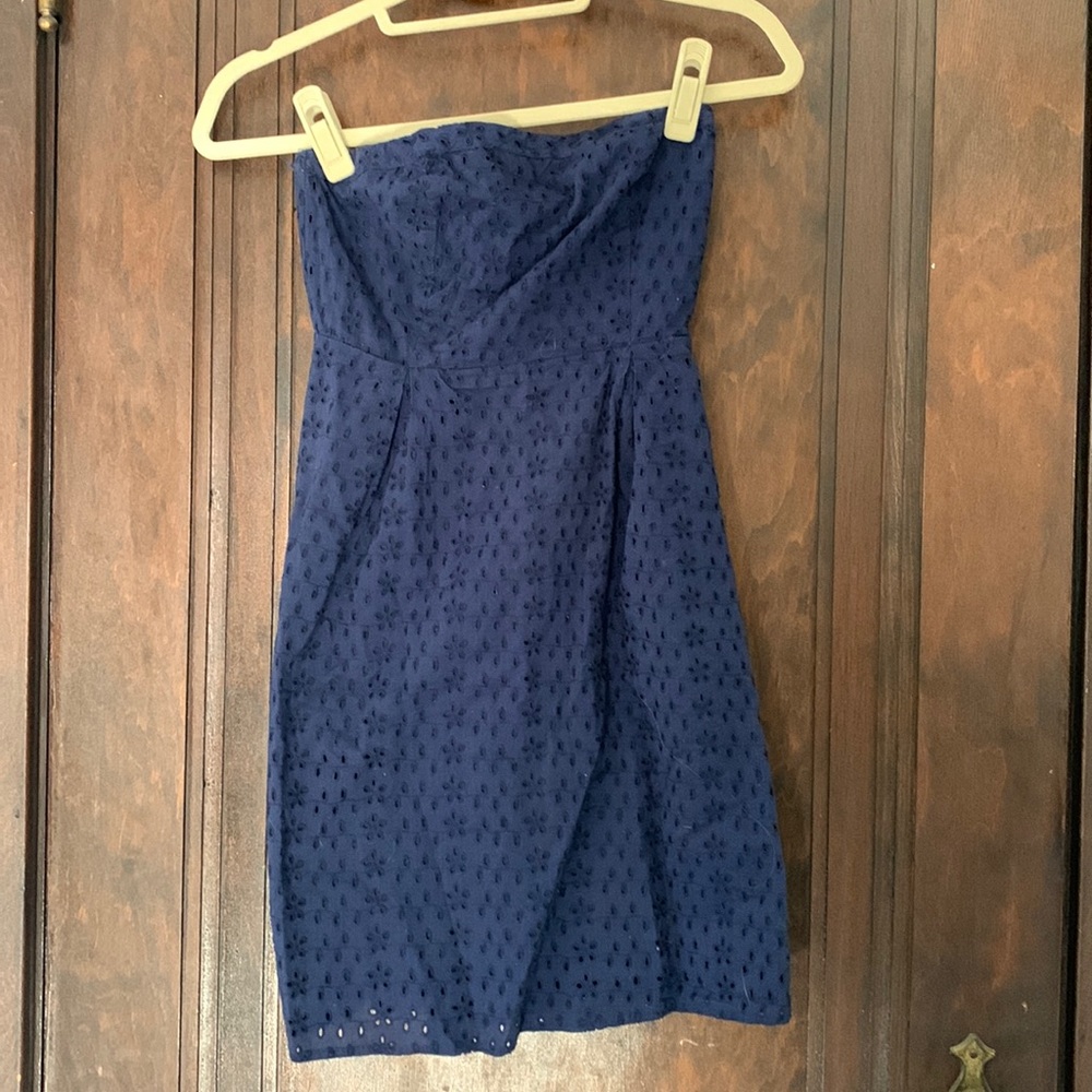 Vintage strapless navy eyelet dress